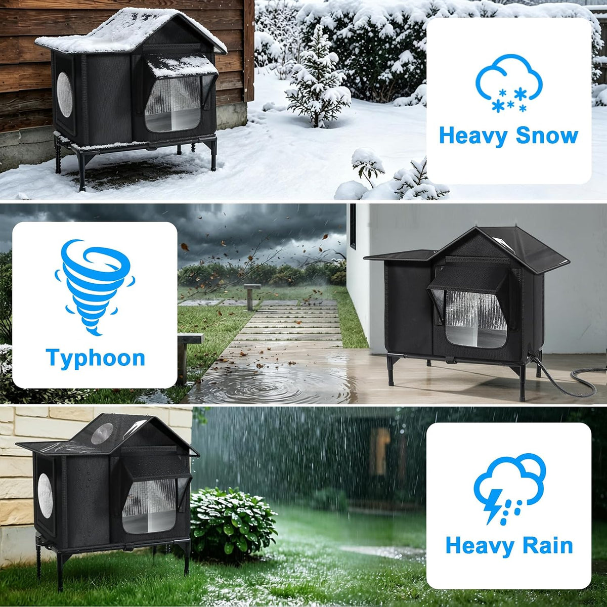 Heated cat house outdoors in snow, wind and heavy rain
