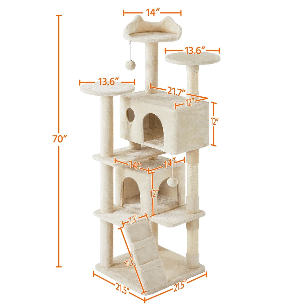 70 in Double Condo Cat Tree with Scratching Posts, Cream