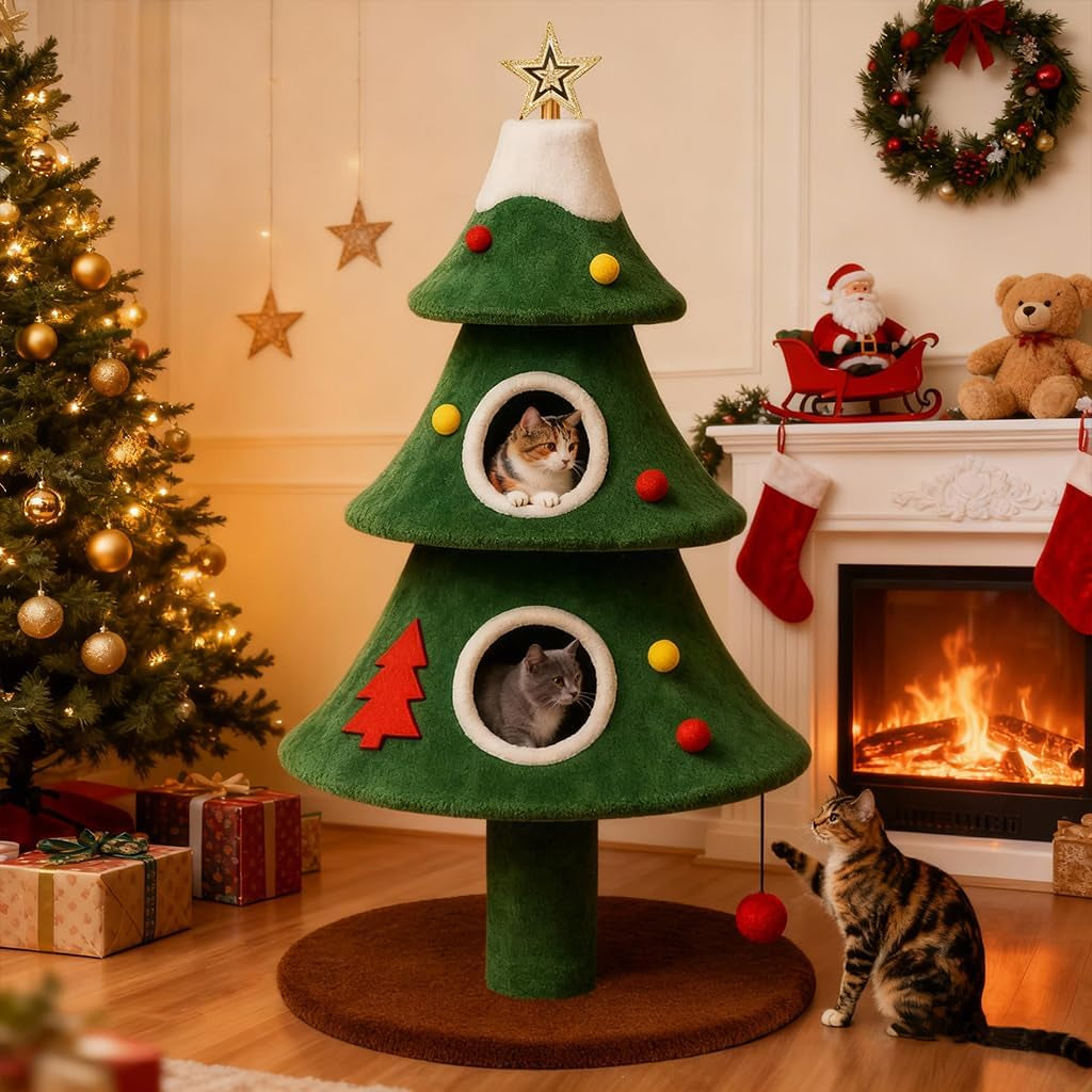 Christmas tree cat tower with condos in a holiday living room