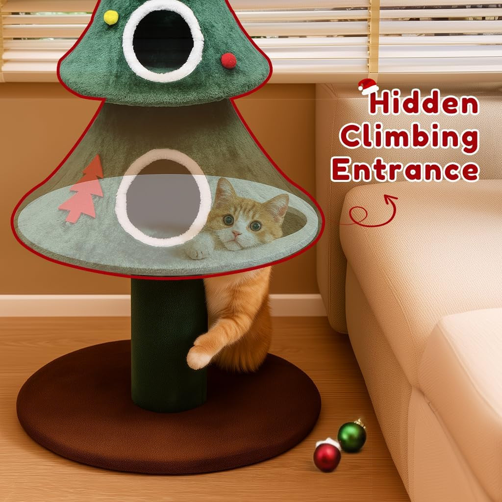 Hidden climbing entrance inside Christmas cat tree