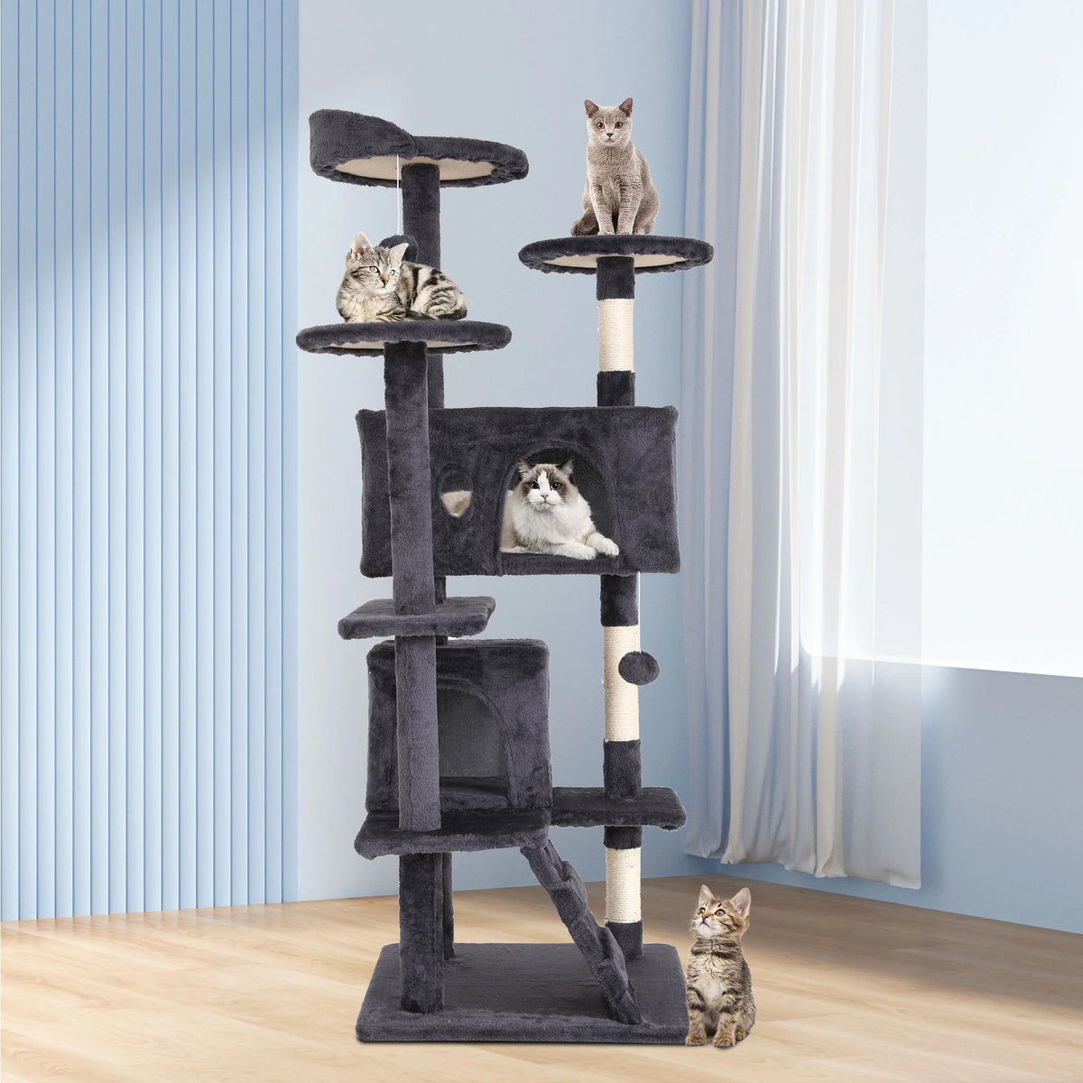 54 in Double Condo Cat Tree with Perch, Ash Gray
