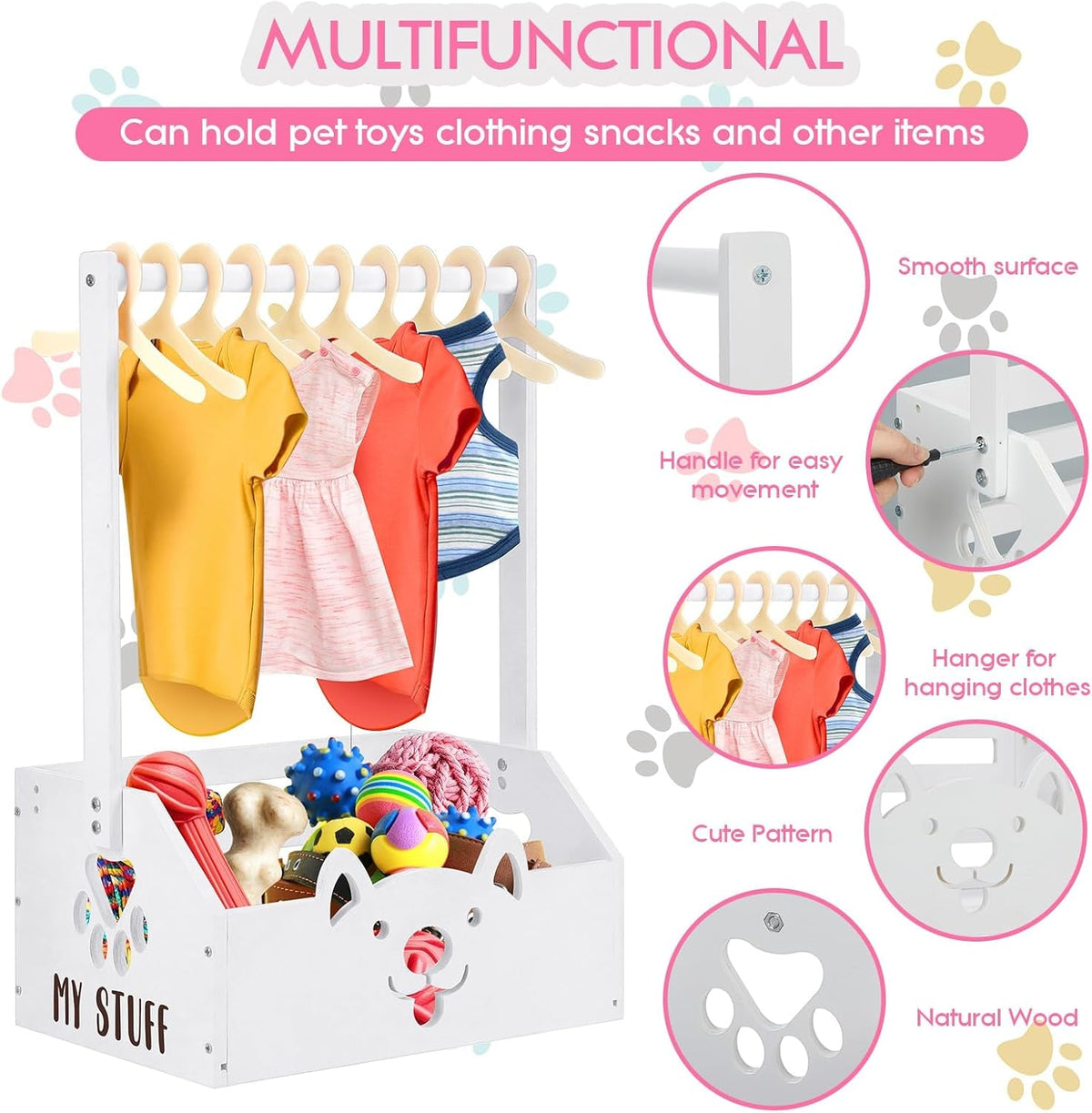 Wooden Dog Closet Organizer with Toy Bin, Pink and White