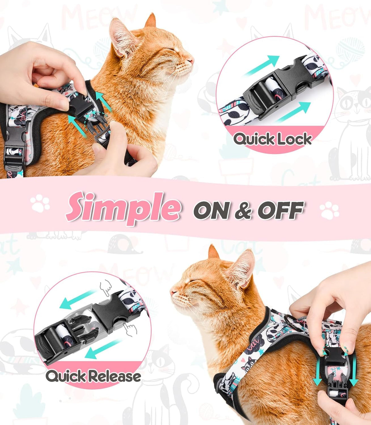 Adjustable Cat Harness and Leash Set with Reflective Trim
