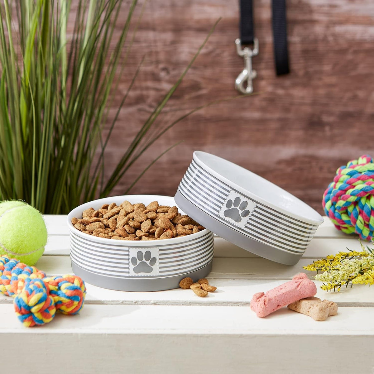 Ceramic Pet Bowl Set, Medium, 2 Piece, Gray