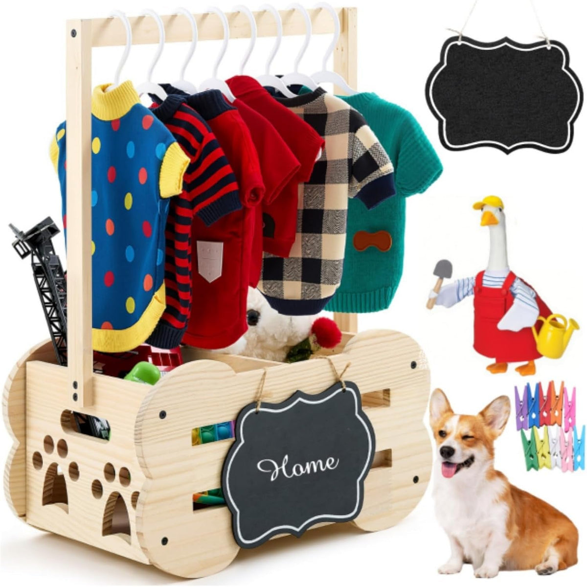 Wooden Dog Storage Organizer with Clothes Rack, 20 in