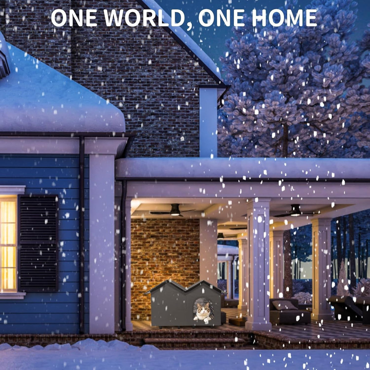 Heated cat house under a covered porch at night