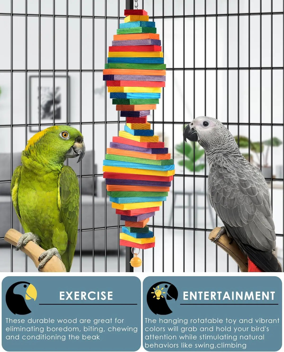 Hanging Wooden Block Bird Chew Toy, Medium to Large Birds