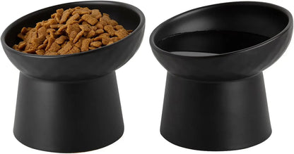 Raised Tilted Ceramic Cat Bowls, Set of 2