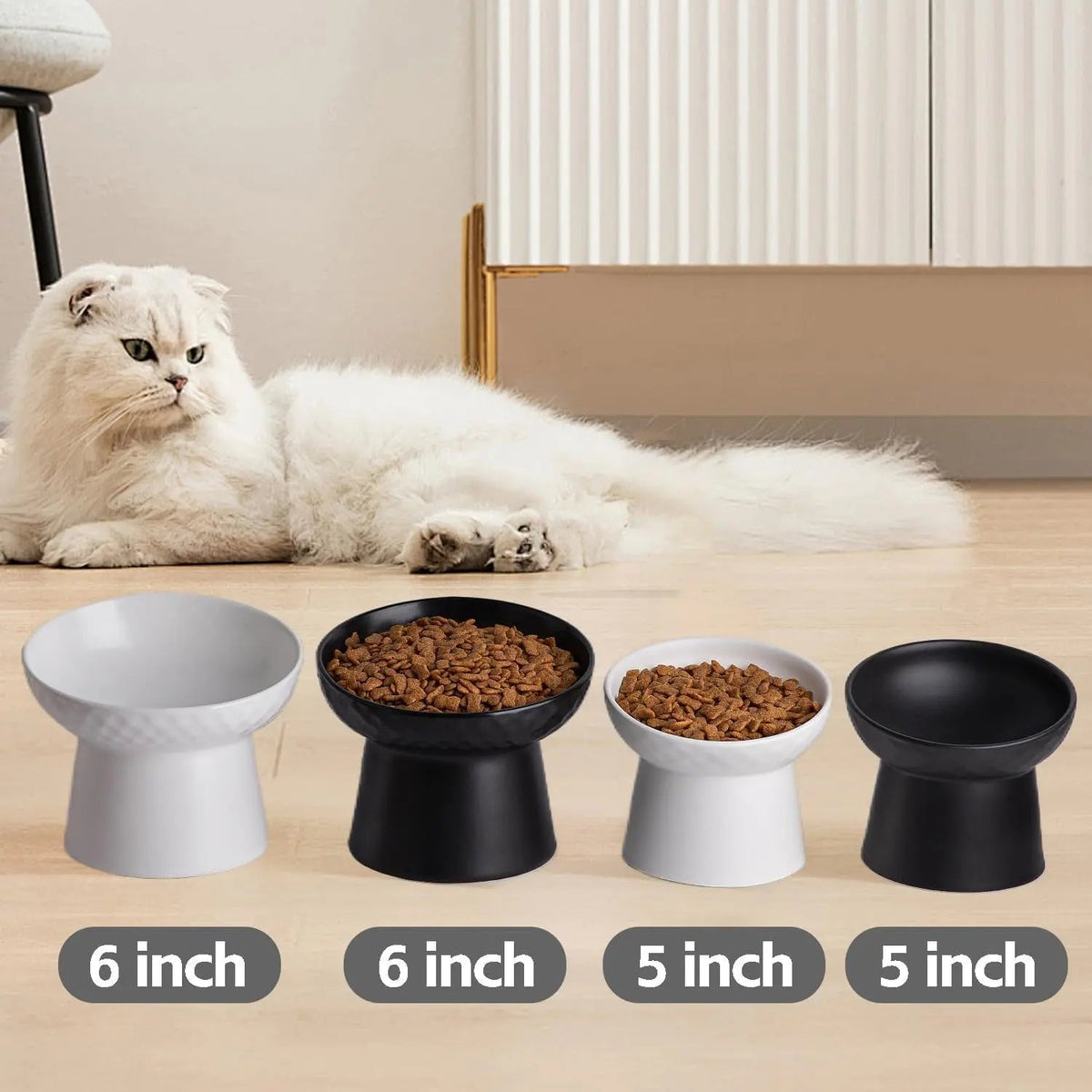 Raised Tilted Ceramic Cat Bowls, Set of 2