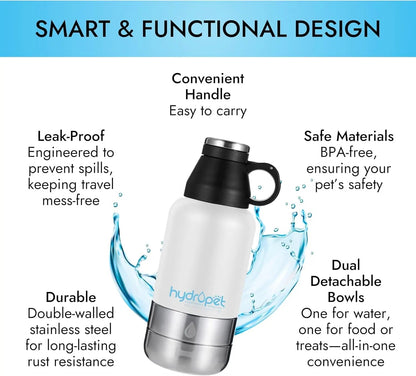 Insulated Dog Travel Water Bottle with Food Bowl, 32 or 64 oz