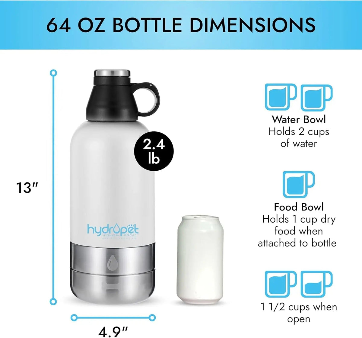 Insulated Dog Travel Water Bottle with Food Bowl, 32 or 64 oz