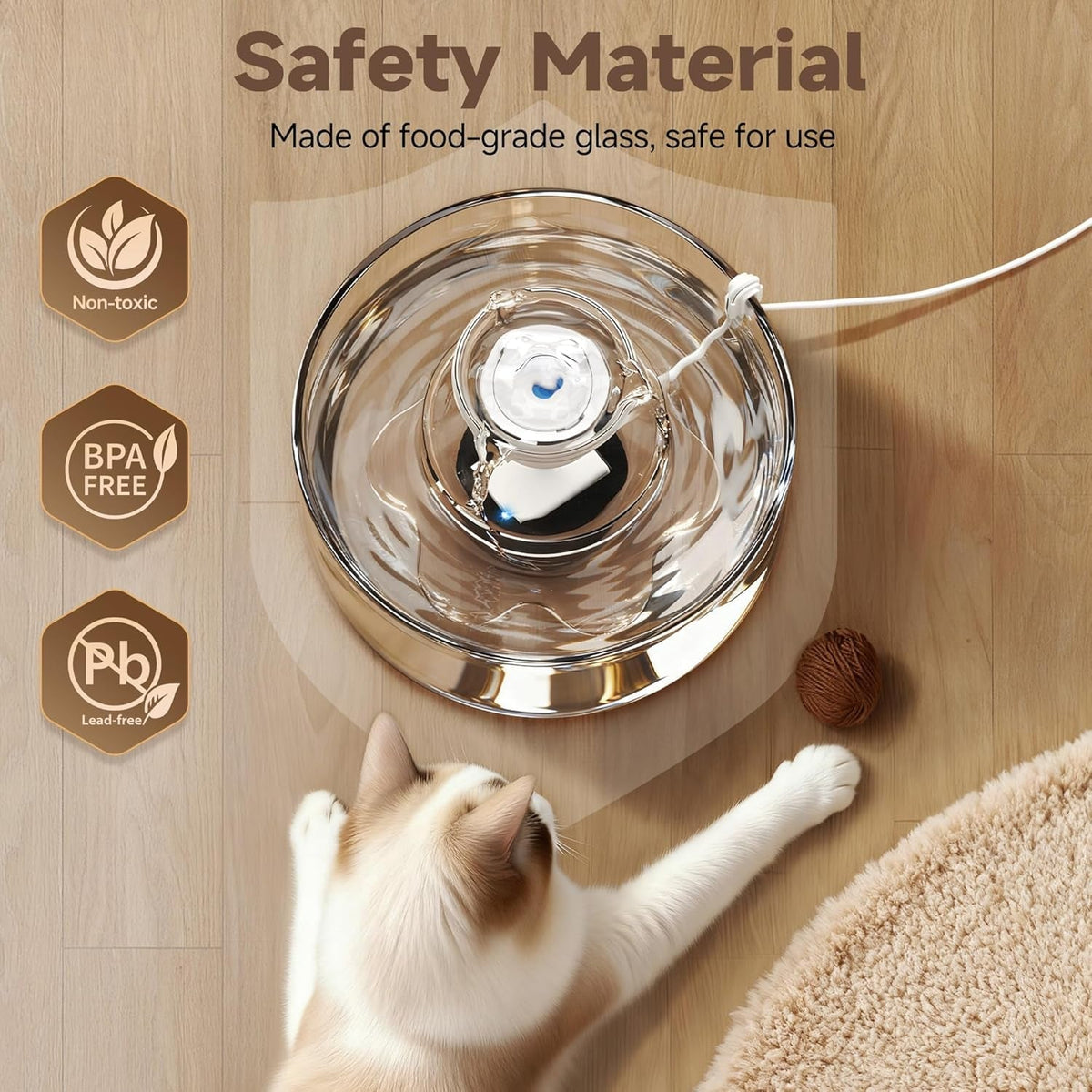 Glass Cat Water Fountain, 2.7 L Ultra-Quiet
