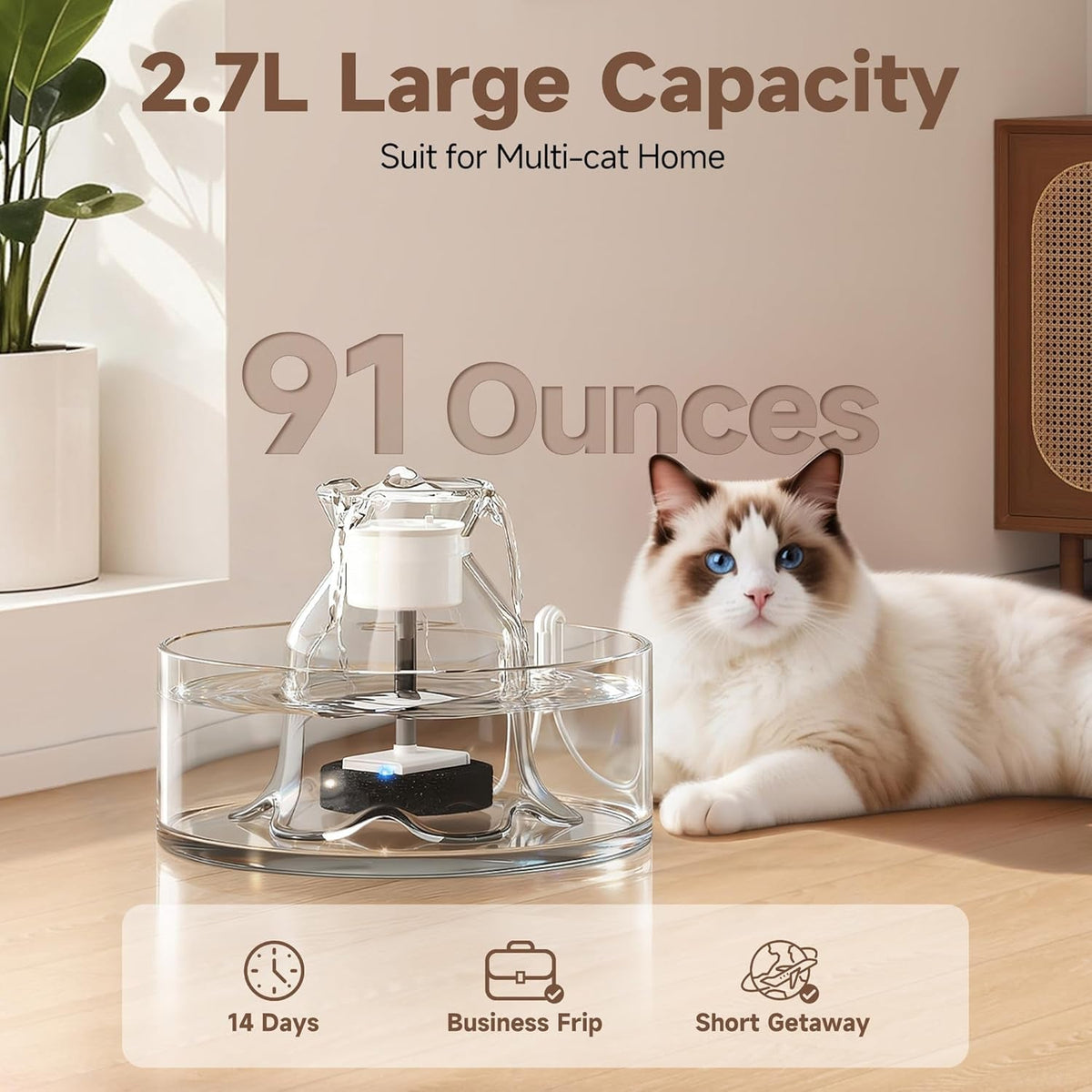 Glass Cat Water Fountain, 2.7 L Ultra-Quiet