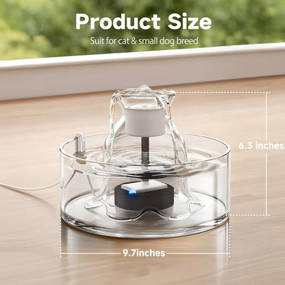 Glass Cat Water Fountain, 2.7 L Ultra-Quiet