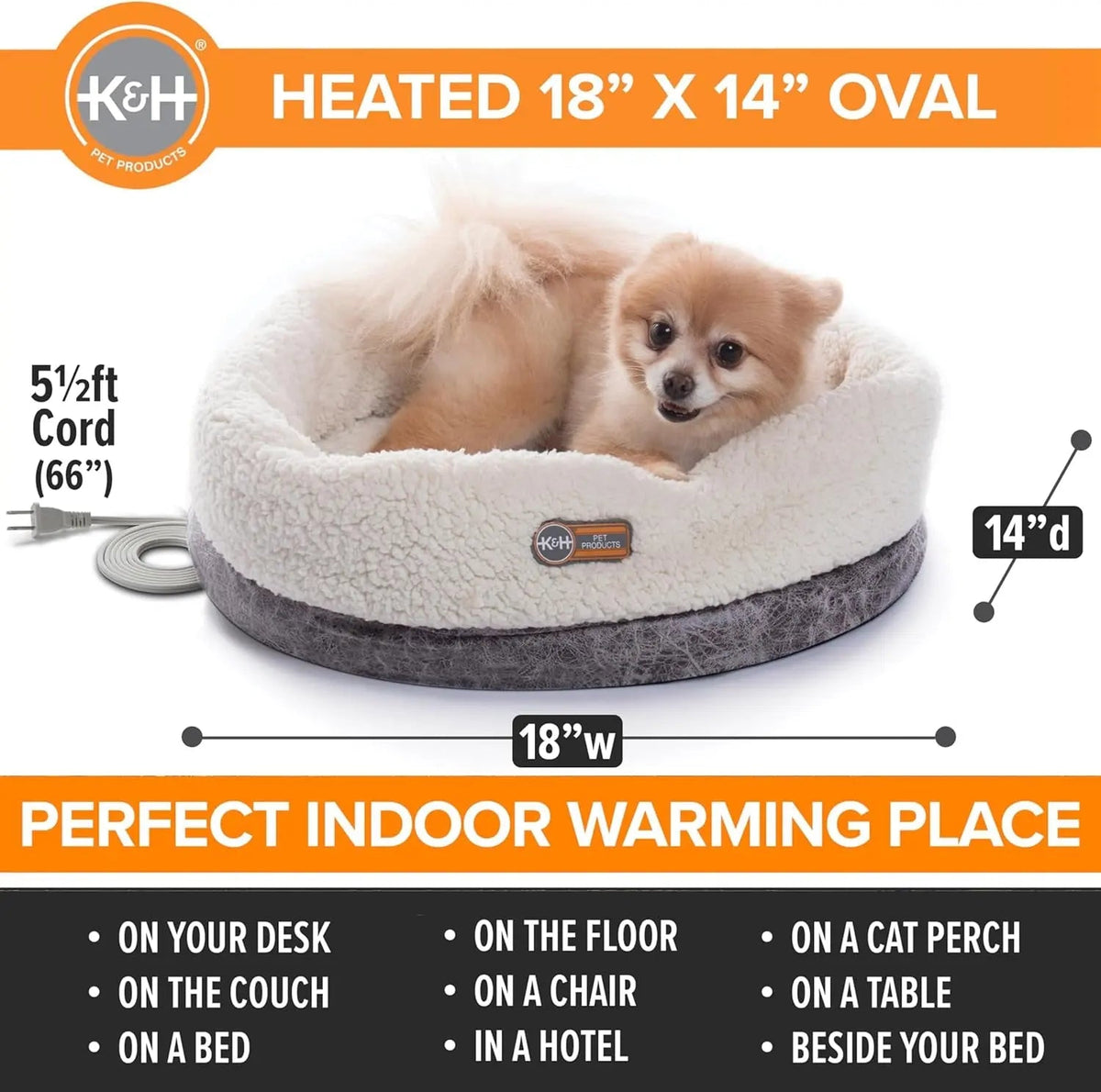 K&H Thermo-Snuggle Cup 14 by 18-inch size and cord-length guide