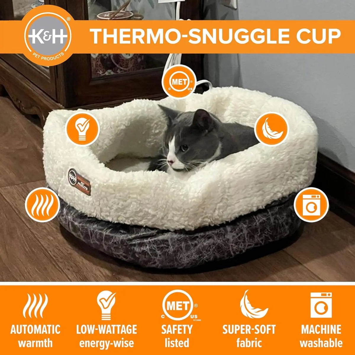 Cat in a K&H Thermo-Snuggle Cup with removable heater and washable bed