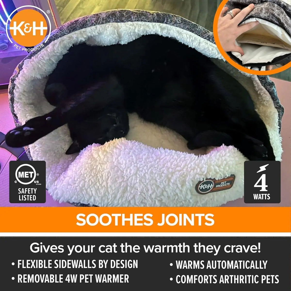 Black cat resting in a K&H Thermo-Snuggle Cup with removable 4-watt heater