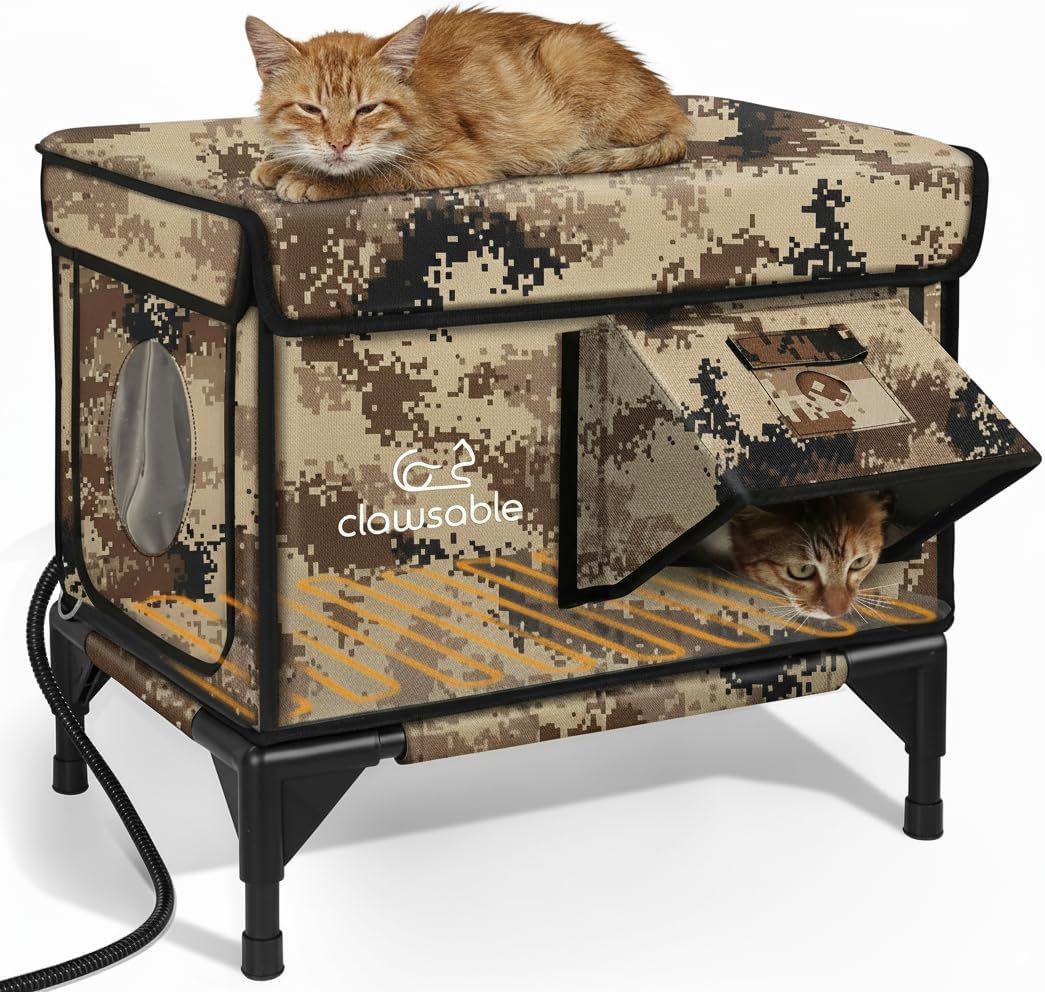 Small heated outdoor cat house in desert camo with two cats