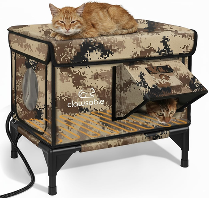 Small heated outdoor cat house in desert camo with two cats