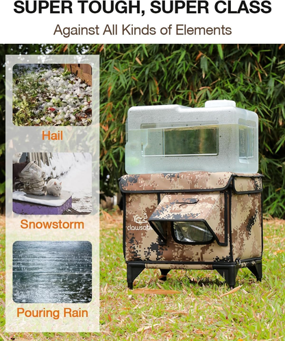 Camo heated cat house tested in hail, snowstorm and pouring rain