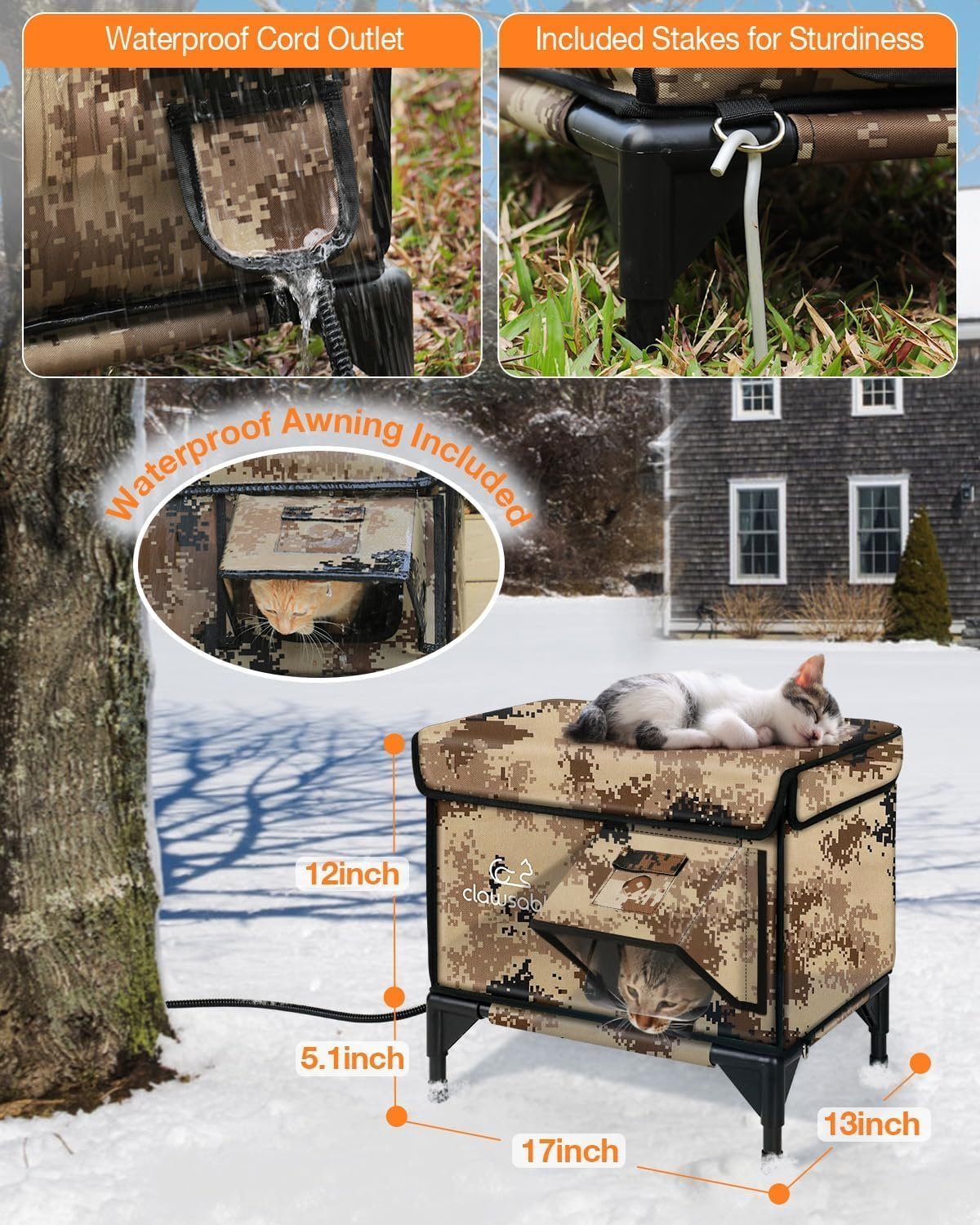 Compact camo cat house dimensions, ground stakes and cord outlet