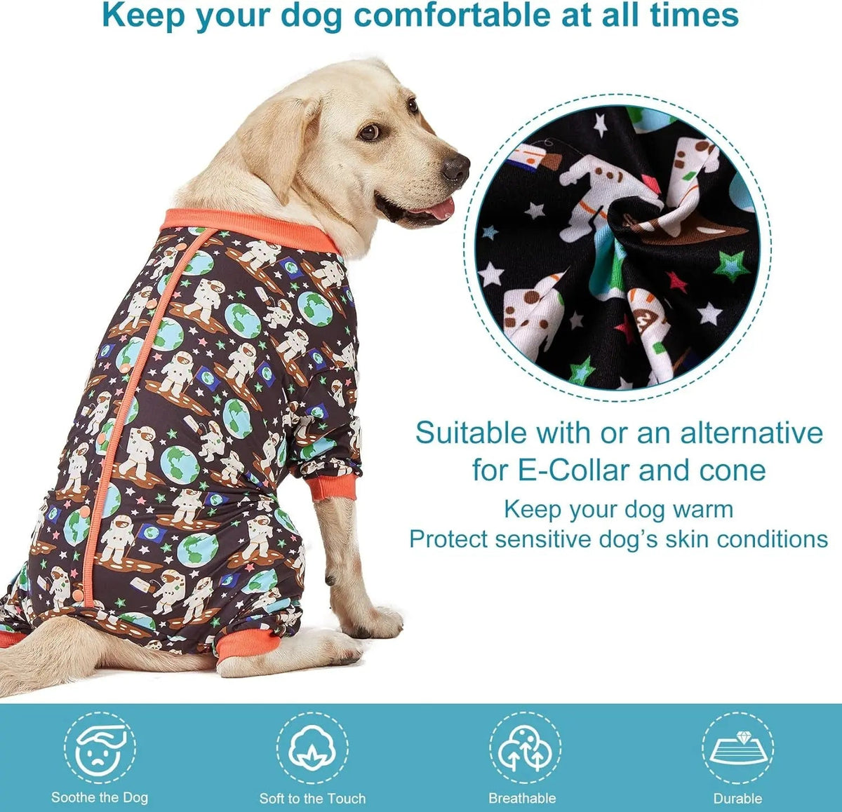Large Dog Onesie Pajamas, Astronaut Print Recovery Shirt