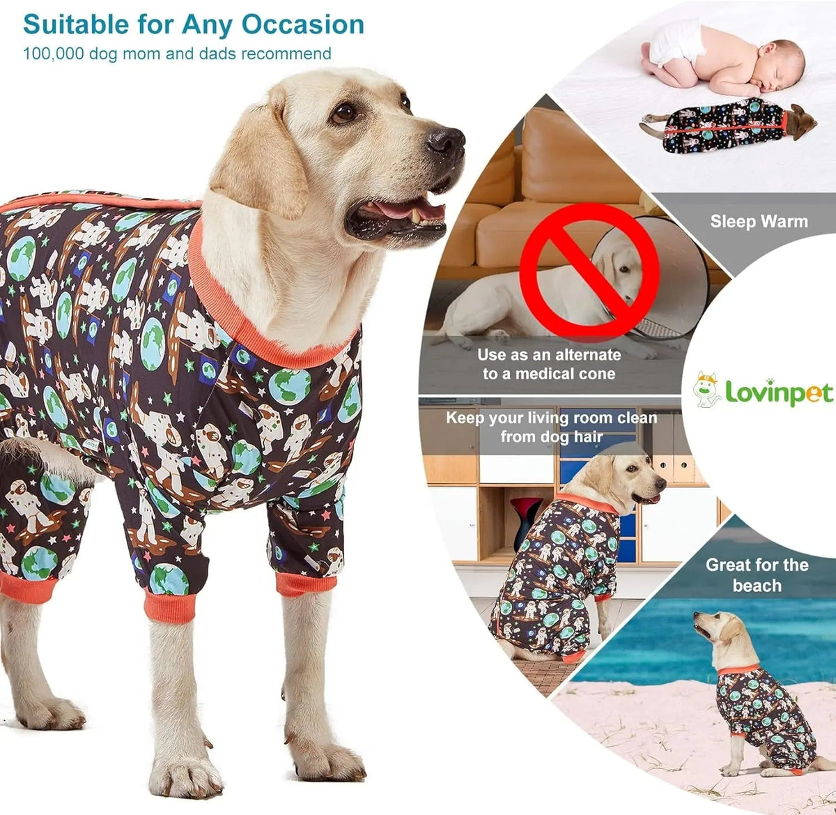 Large Dog Onesie Pajamas, Astronaut Print Recovery Shirt