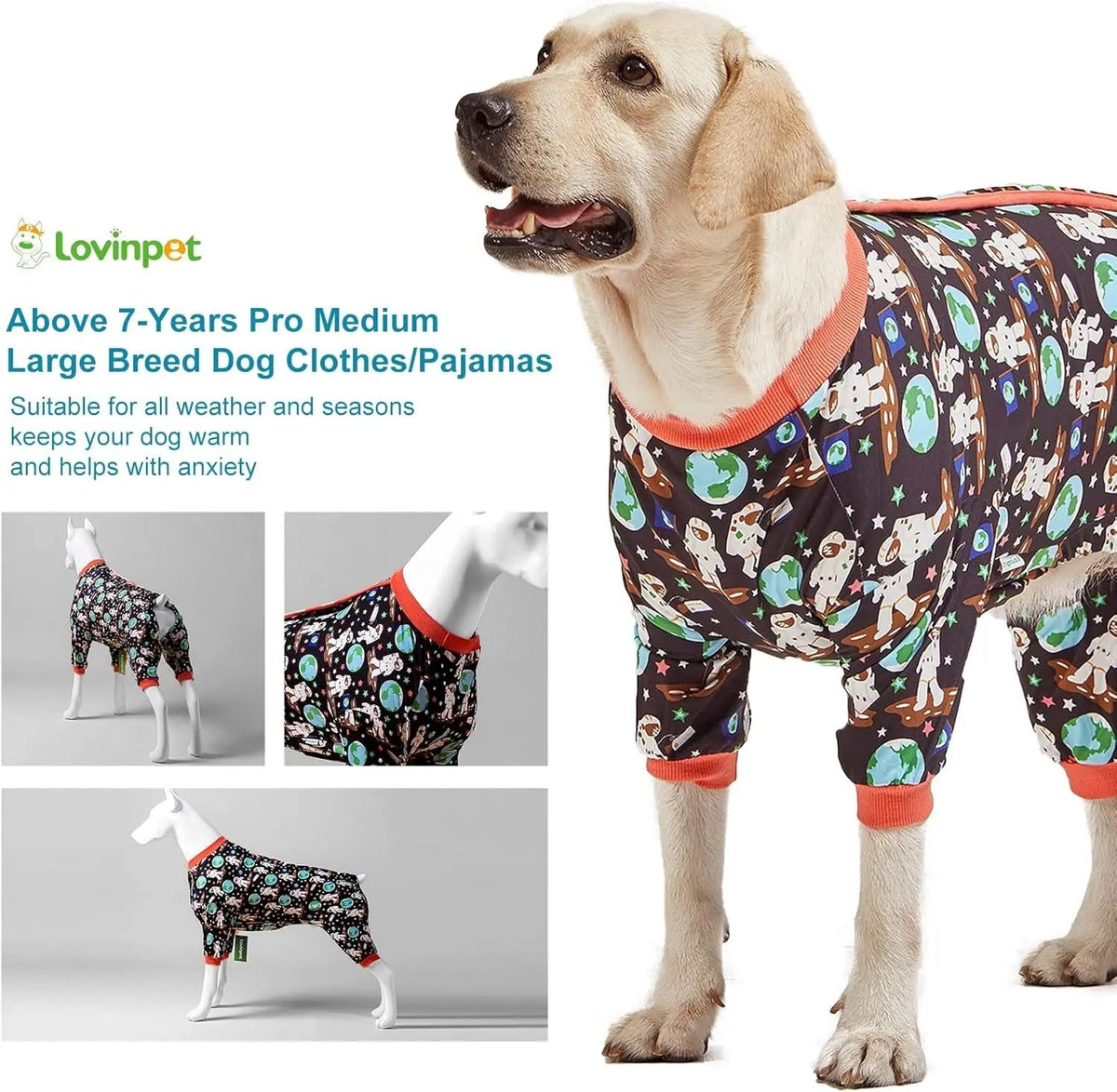 Large Dog Onesie Pajamas, Astronaut Print Recovery Shirt