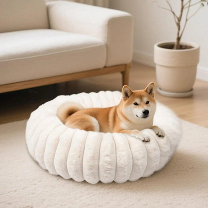 Luxury Donut Dog & Cat Bed, Faux Fur Calming Pet Bed with Non-Slip Base