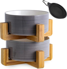 Elevated Ceramic Pet Bowls with Wood Stand, Set of 2