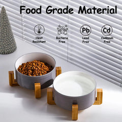 Elevated Ceramic Pet Bowls with Wood Stand, Set of 2