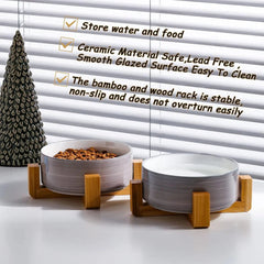 Elevated Ceramic Pet Bowls with Wood Stand, Set of 2