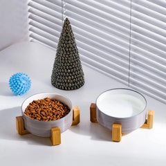 Elevated Ceramic Pet Bowls with Wood Stand, Set of 2