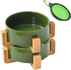 Elevated Ceramic Pet Bowls with Wood Stand, Set of 2