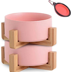 Elevated Ceramic Pet Bowls with Wood Stand, Set of 2