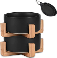 Elevated Ceramic Pet Bowls with Wood Stand, Set of 2