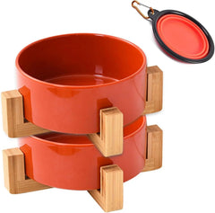 Elevated Ceramic Pet Bowls with Wood Stand, Set of 2