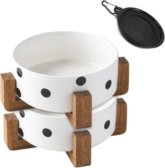Elevated Ceramic Pet Bowls with Wood Stand, Set of 2