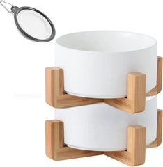 Elevated Ceramic Pet Bowls with Wood Stand, Set of 2