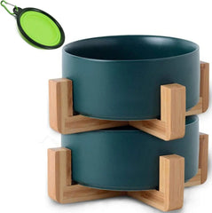 Elevated Ceramic Pet Bowls with Wood Stand, Set of 2