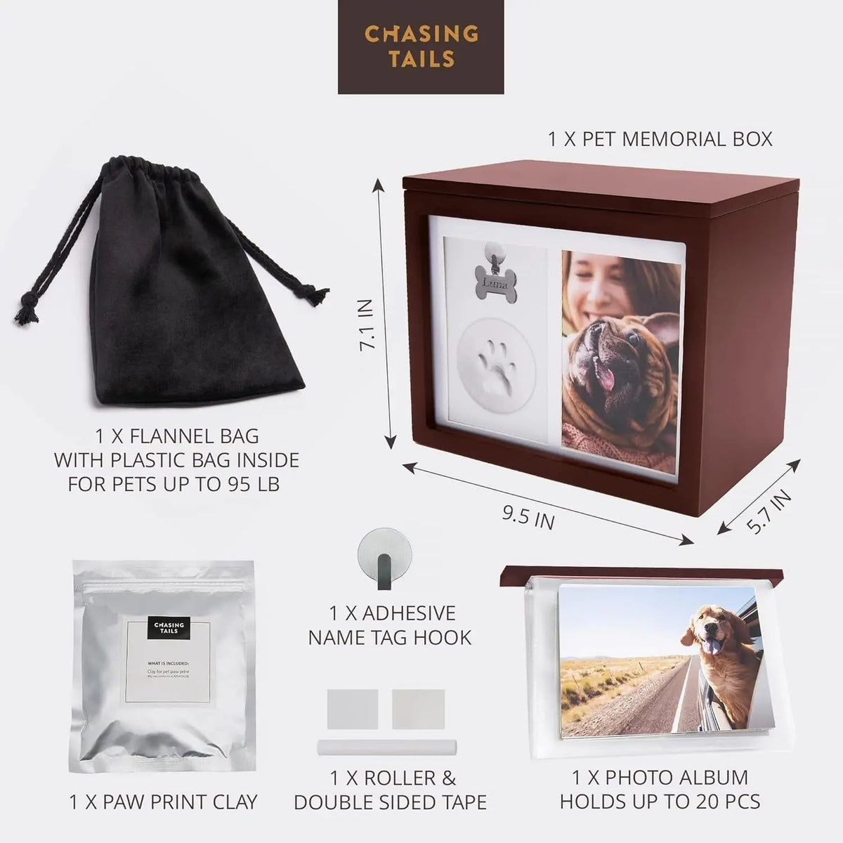 Pet Memorial Urn Keepsake Box for Dogs & Cats w/ Paw Print Kit & Album