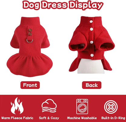 Small Dog Fleece Sweater Dress with Skirt & D-Ring Winter Puppy Outfit
