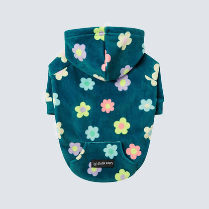 Green daisy print dog hoodie with fleece lining - view 3