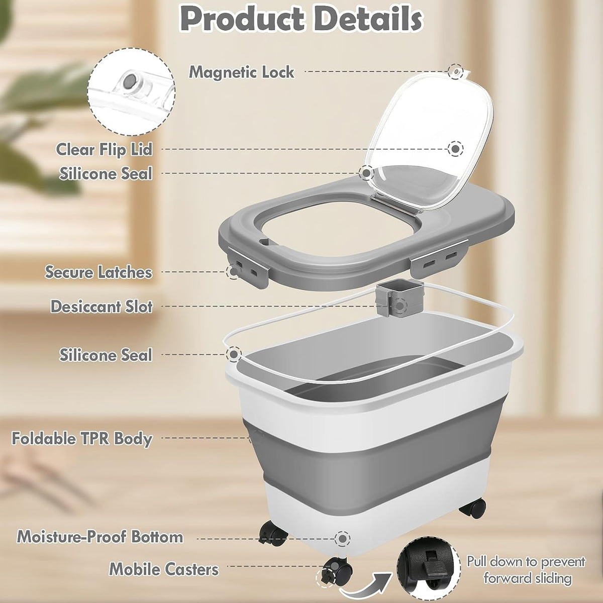 Collapsible Pet Food Container with Wheels, Up to 20 lb, Gray