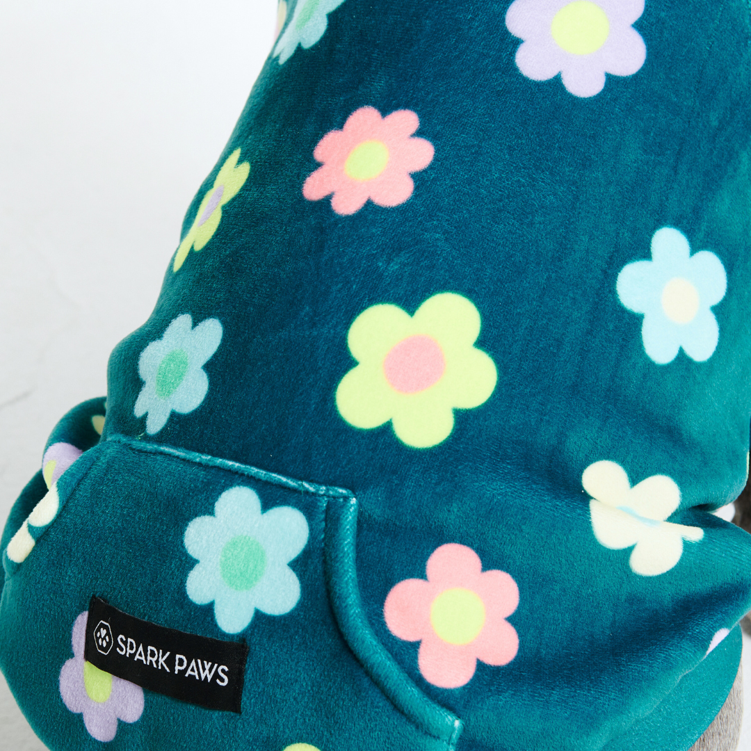 Green daisy print dog hoodie with fleece lining - view 5