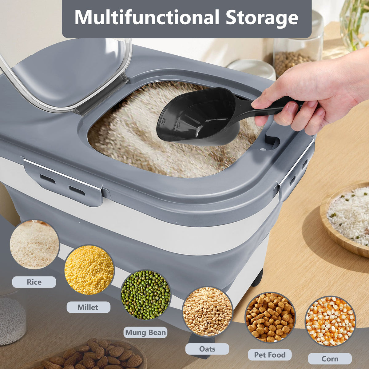 Collapsible Pet Food Container with Wheels, Up to 20 lb, Gray