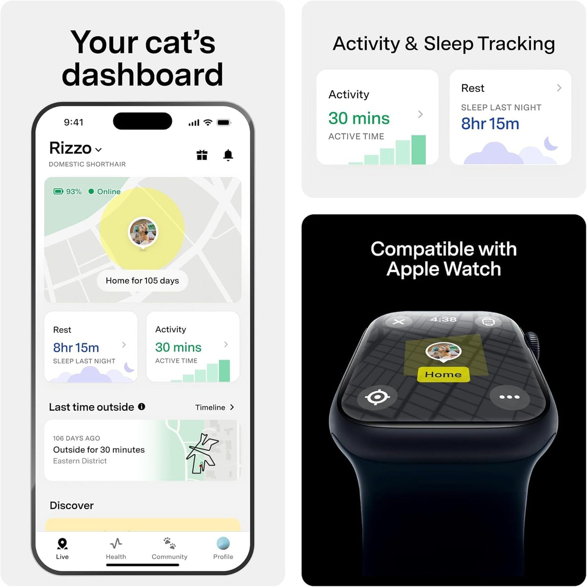 Fi app activity and sleep tracking, with Apple Watch view