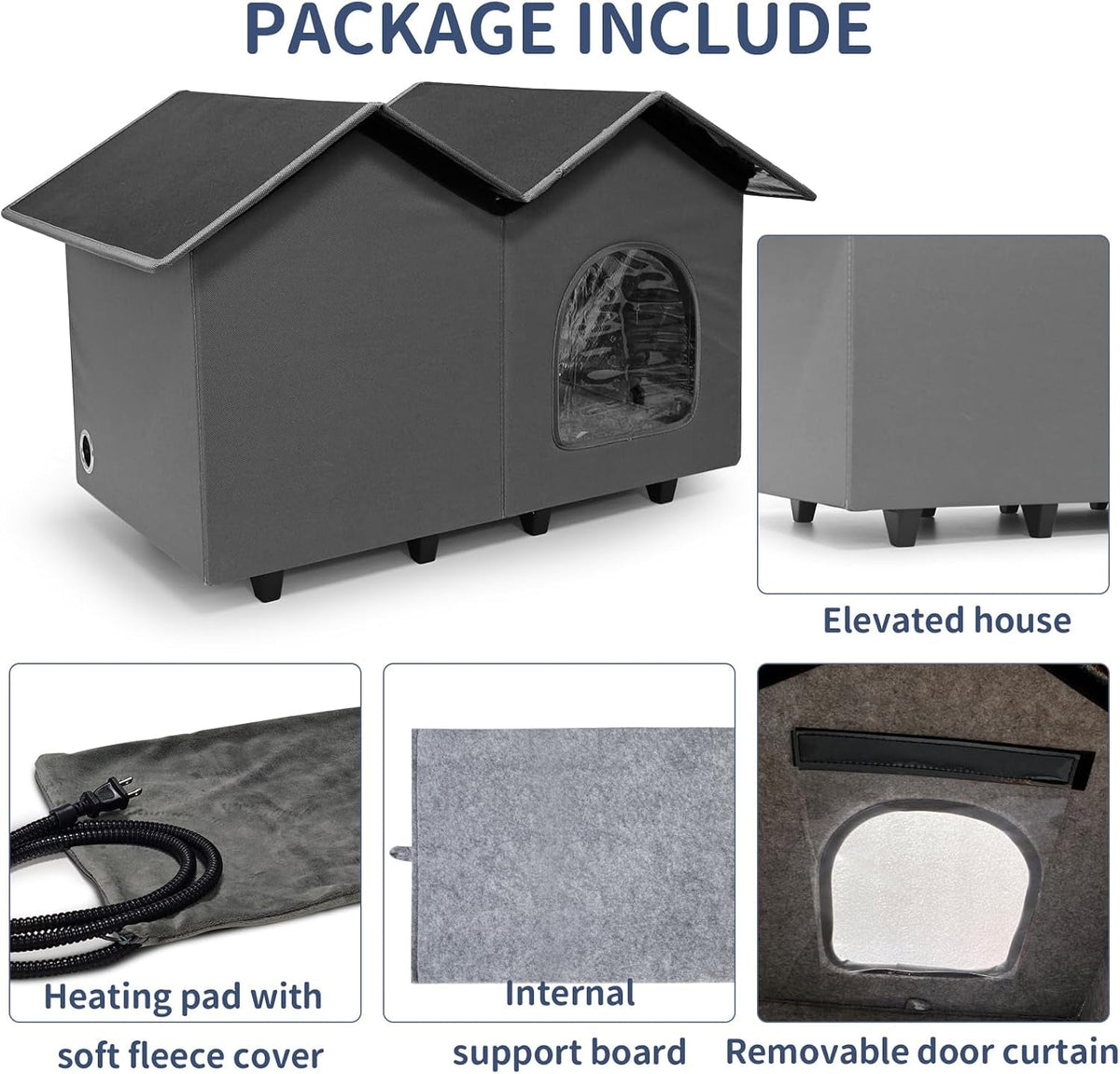 Package contents: cat house, heating pad, support board and door curtain