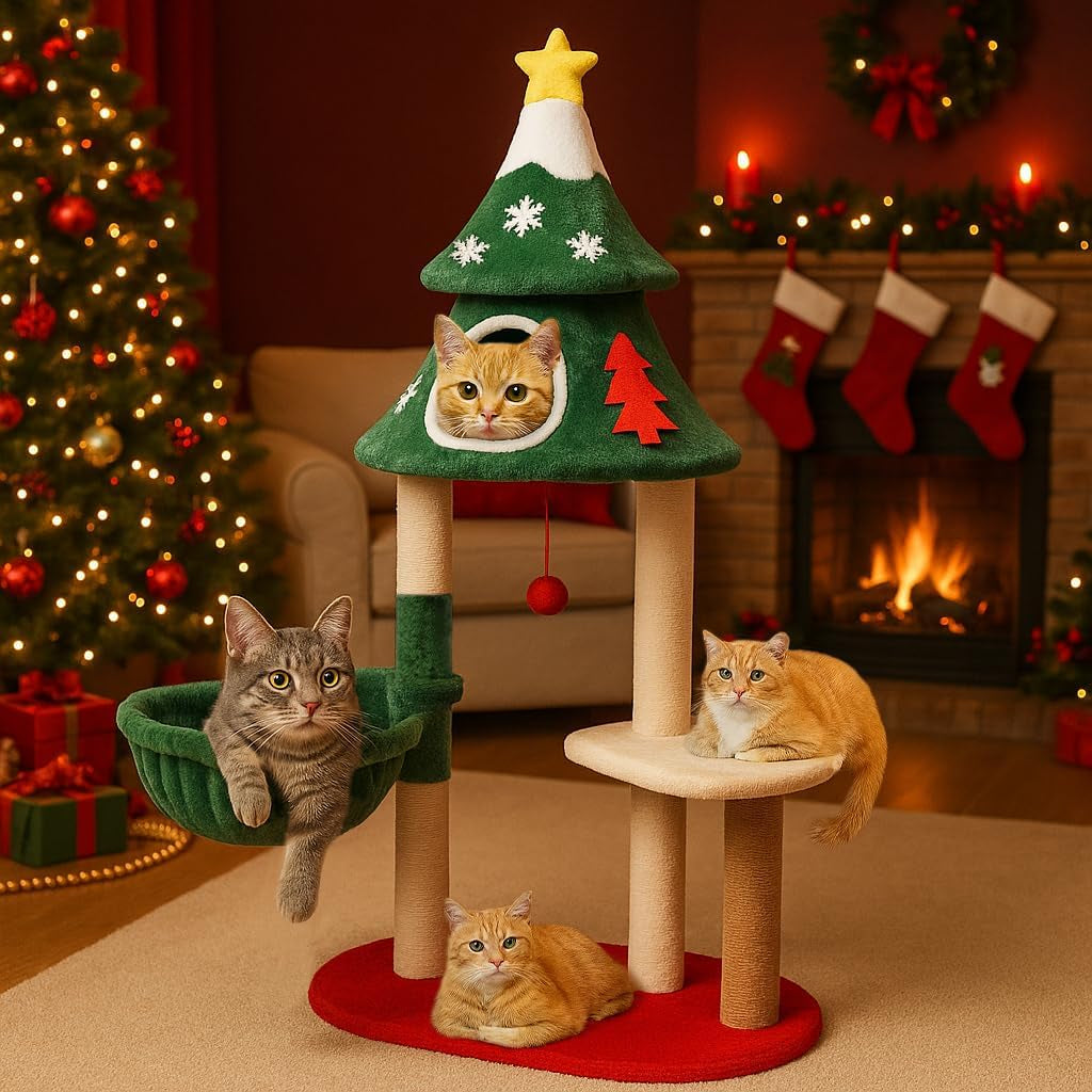 Christmas cat tree with sisal posts, hammock and condo