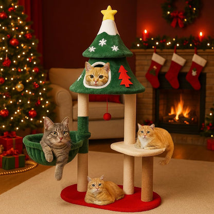 Christmas cat tree with sisal posts, hammock and condo
